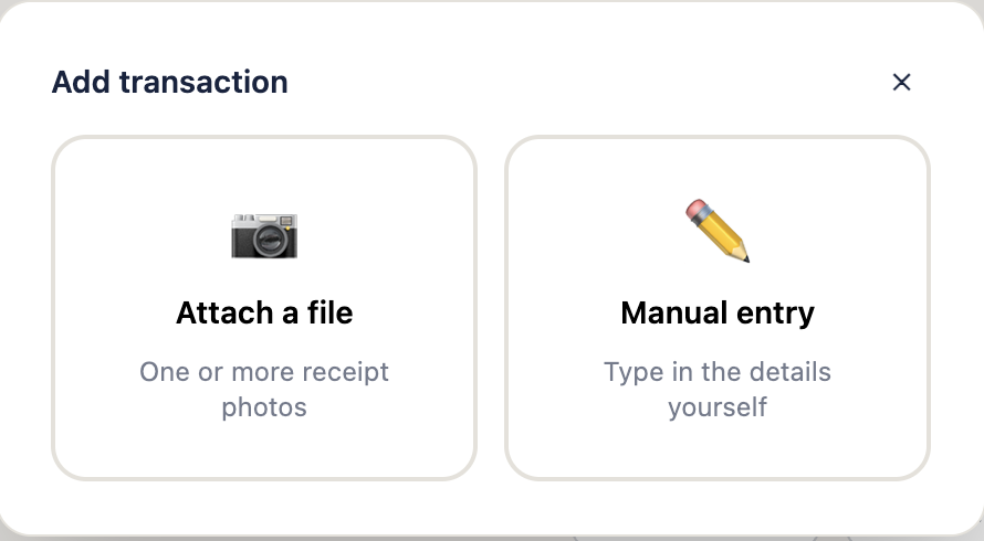 TwoFold's add transaction dialog, choosing between attaching a receipt photo or entering it manually