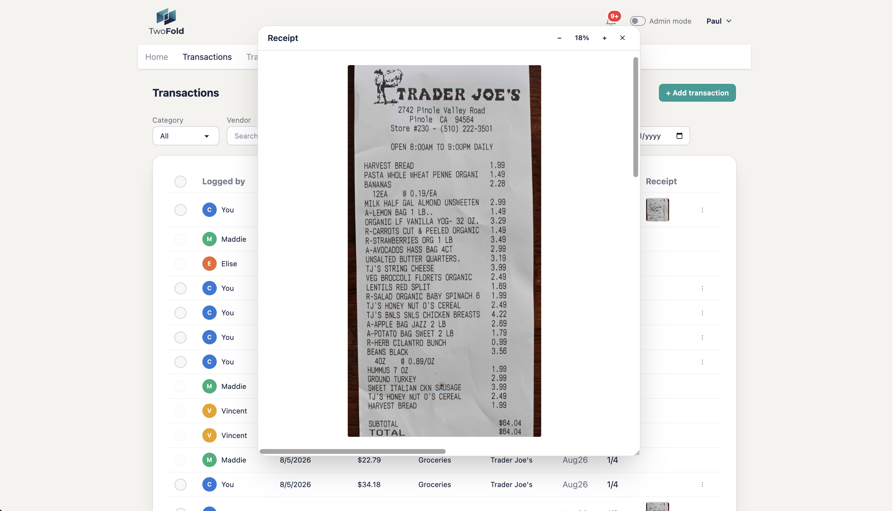 A scanned grocery receipt opened from a TwoFold transaction
