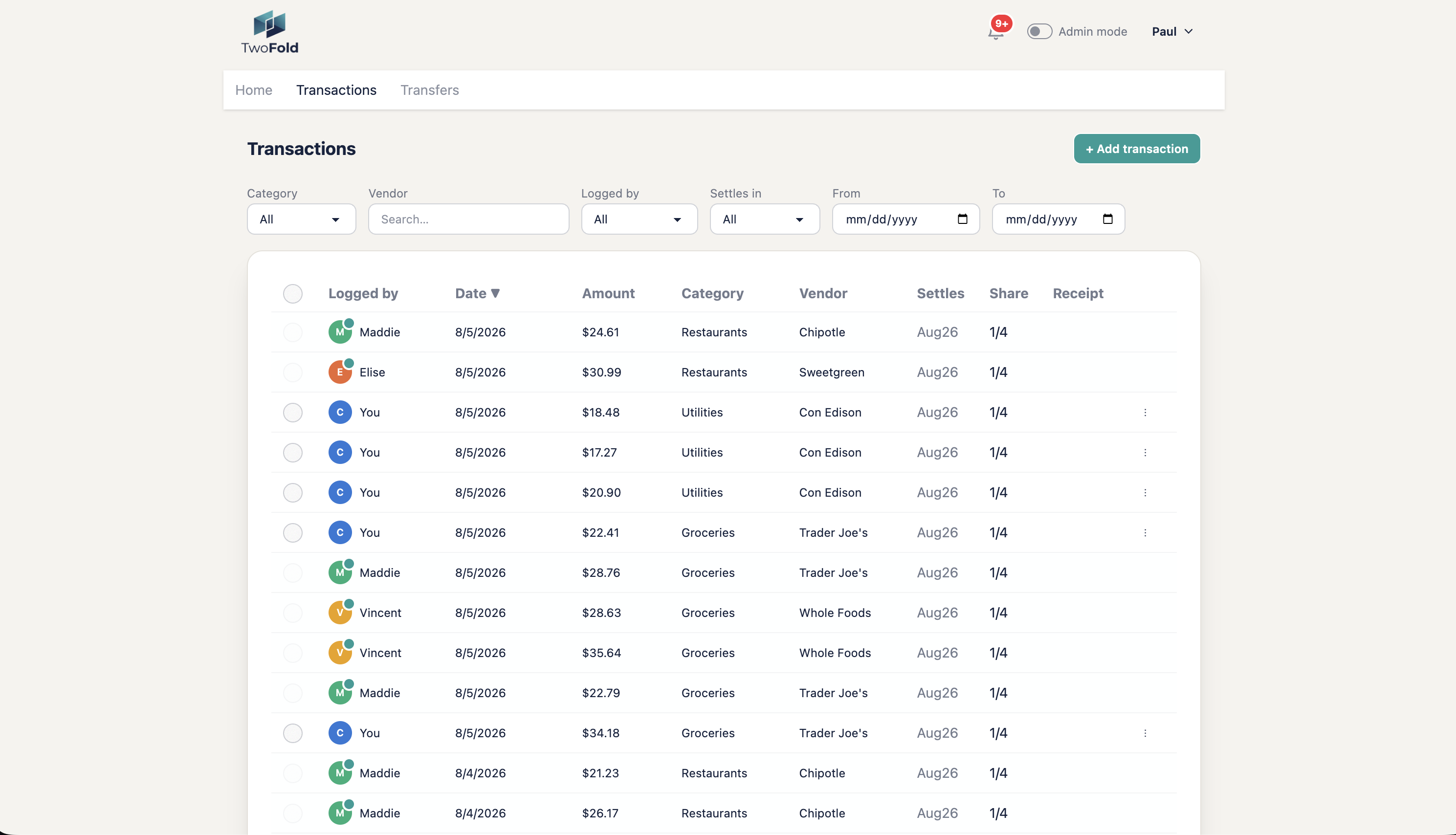 TwoFold transactions list with filters for category, vendor, and who logged each expense
