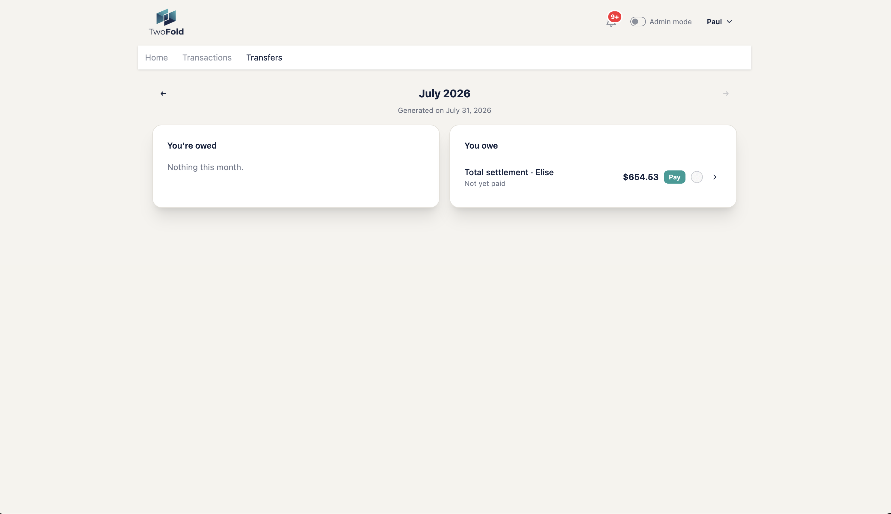 TwoFold's month-end settlement screen showing one consolidated payment owed